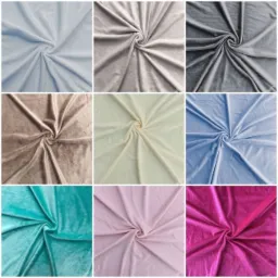 Zestawienie dziewięciu próbek miękkiej tkaniny w różnych pastelowych kolorach, każda ułożona spiralnie, prezentacja faktury i odcieni.