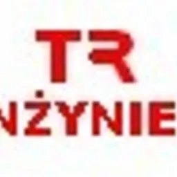 Czerwone logo firmy TR Inżynier na białym tle.