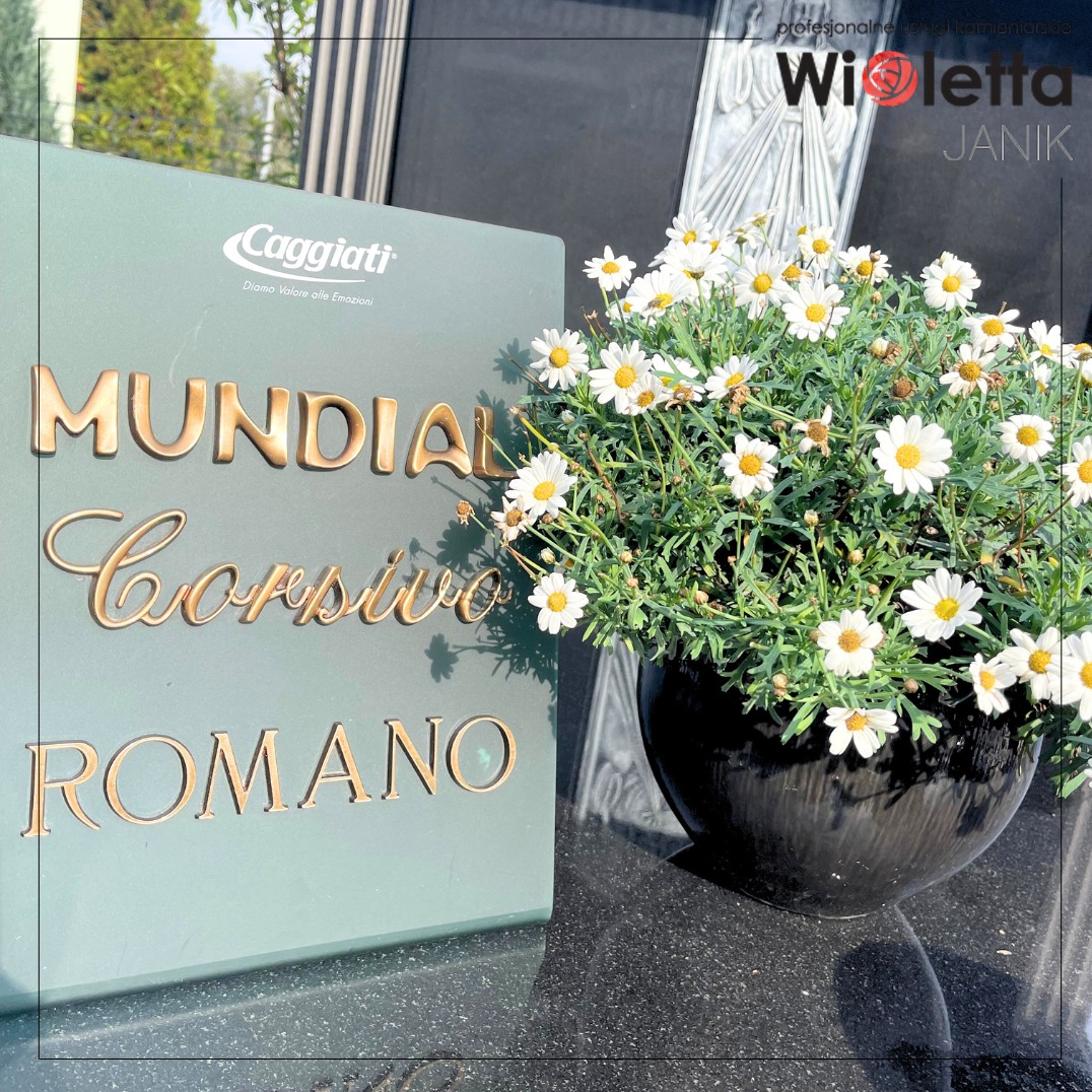 Nagrobek z tablicą prezentującą różne style czcionek (Mundial, Corsivo, Romano) obok donicy z białymi kwiatami na czarnym, błyszczącym kamieniu.