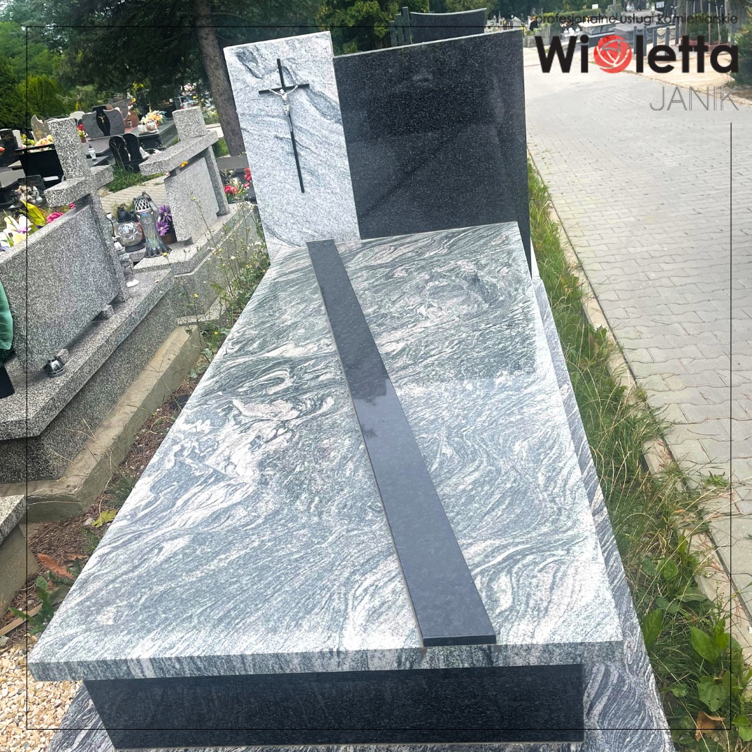 Nagrobek granitowy nowoczesny – prosta forma z eleganckim zdobieniem w postaci krzyża, wykonany z trwałego kamienia.