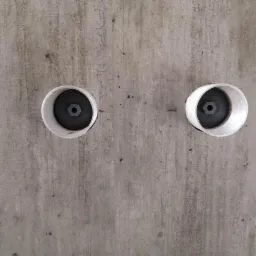 Dwa otwory w surowym betonowym suficie z wystającymi białymi rurami i czarnymi zaślepkami z sześciokątnymi otworami.