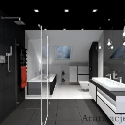 Wizualizacja nowoczesnej łazienki w odcieniach szarości i czerni z akcentem w postaci czerwonego ręcznika, z przeszkloną kabiną prysznicową, oknem dachowym z widokiem na niebo i wiszącymi lampami...