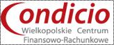 Logo firmy Condicio, Wielkopolskie Centrum Finansowo-Rachunkowe, nazwa w kolorze czerwonym z elementem graficznym po lewej stronie, poniżej szary tekst z nazwą centrum.