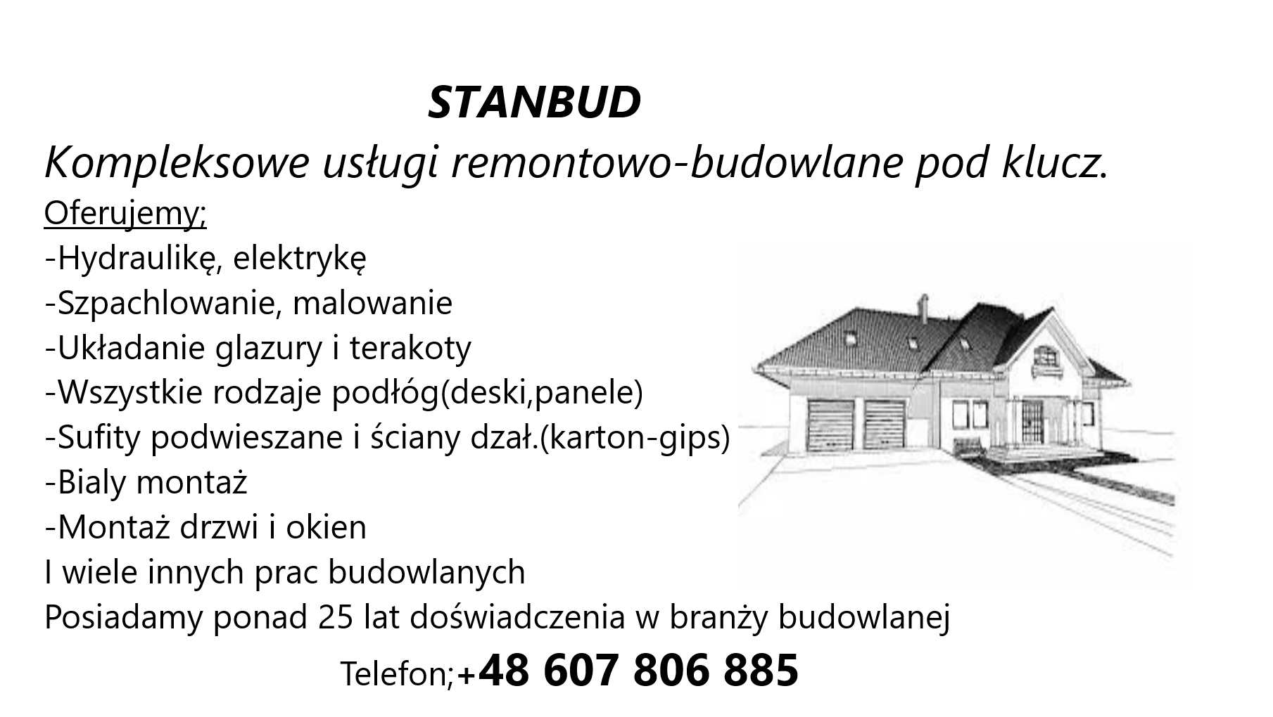 Reklama firmy remontowo-budowlanej STANBUD z ofertą usług hydraulicznych, elektrycznych, szpachlowania, malowania, układania glazury i terakoty, montażu podłóg, sufitów podwieszanych, ścian...
