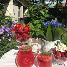 Kameralne.pl - Letnia kompozycja na stole w ogrodzie: dzbanek i szklanka z napojem truskawkowym z miętą, miseczki truskawek ze śmietaną i bez, bukiet bławatków i mięty, w tle zielona roślinność i drewniany domek.
