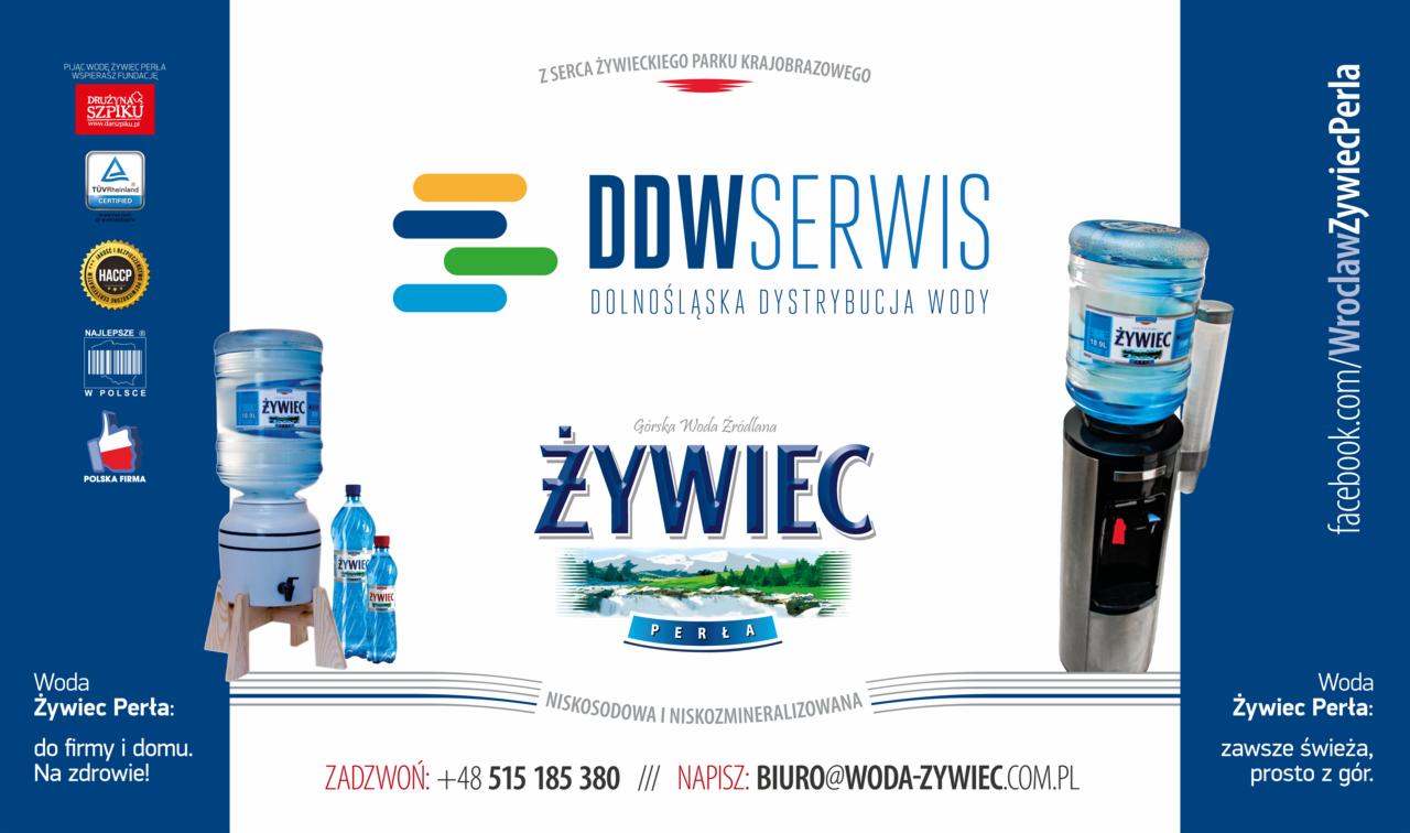 Reklama wody Żywiec Perła i DDW Serwis, prezentująca dystrybutory wody i butelki, z widocznym logo i hasłami reklamowymi.