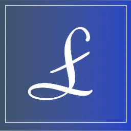 Stylizowany, biały symbol waluty funta szterlinga na gradientowym, granatowo-fioletowym tle w białej ramce.