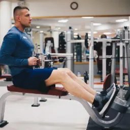 Mężczyzna w niebieskiej koszulce ćwiczy na maszynie do wiosłowania w siłowni, skupiony wzrok w dal.