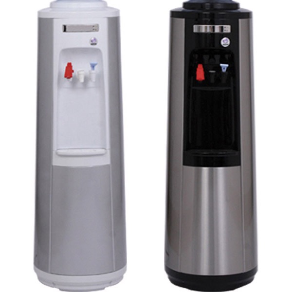 Dwa dystrybutory wody: biały i czarny z elementami ze stali nierdzewnej, widoczne krany do wody ciepłej i zimnej.