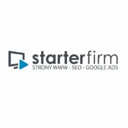 Logo firmy Starterfirm z symbolem monitora i strzałki odtwarzania, oferującej usługi tworzenia stron WWW, SEO i Google Ads.