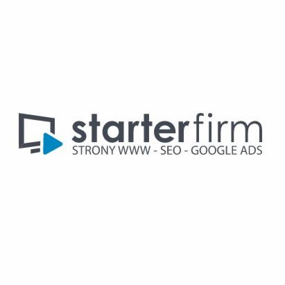 Logo firmy Starterfirm z symbolem monitora i strzałki odtwarzania, oferującej usługi tworzenia stron WWW, SEO i Google Ads.