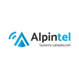 Logo firmy Alplntel z niebieskim symbolem trójkąta z falami oraz czarno-niebieskim napisem 'Alplntel Systemy zabezpieczeń'.