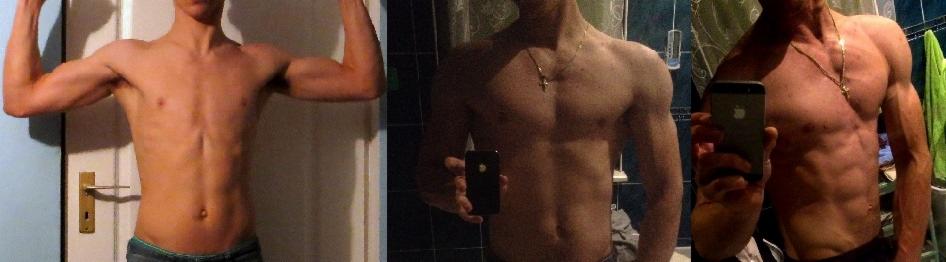 Kolaż trzech zdjęć torsu mężczyzny, ukazujących progresję w budowie mięśni, z różnym oświetleniem i tłem.