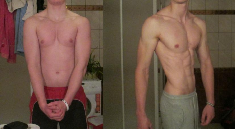 Mężczyzna przed i po treningu, widoczna transformacja sylwetki i rozwój mięśni brzucha oraz klatki piersiowej. Zdjęcie wykonane w łazience na tle pralki i płytek.