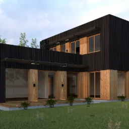 Wizualizacja dwukondygnacyjnego domu o nowoczesnej architekturze z czarną elewacją z pionowych desek i drewnianymi panelami wokół okien, otoczonego trawnikiem i niskimi krzewami.