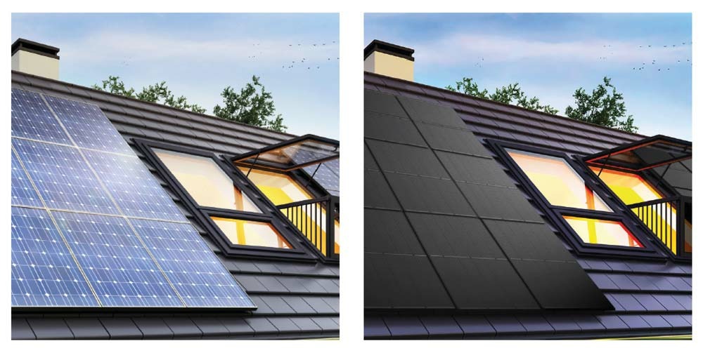 Porównanie wizualizacji paneli słonecznych: tradycyjne niebieskie panele obok czarnych paneli na dachu z oknami dachowymi.