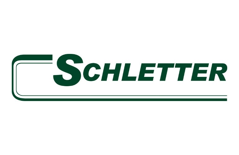 Logo firmy Schletter w kolorze zielonym, z charakterystycznym kwadratowym elementem graficznym po lewej stronie nazwy i podkreśleniem pod nazwą, na białym tle.