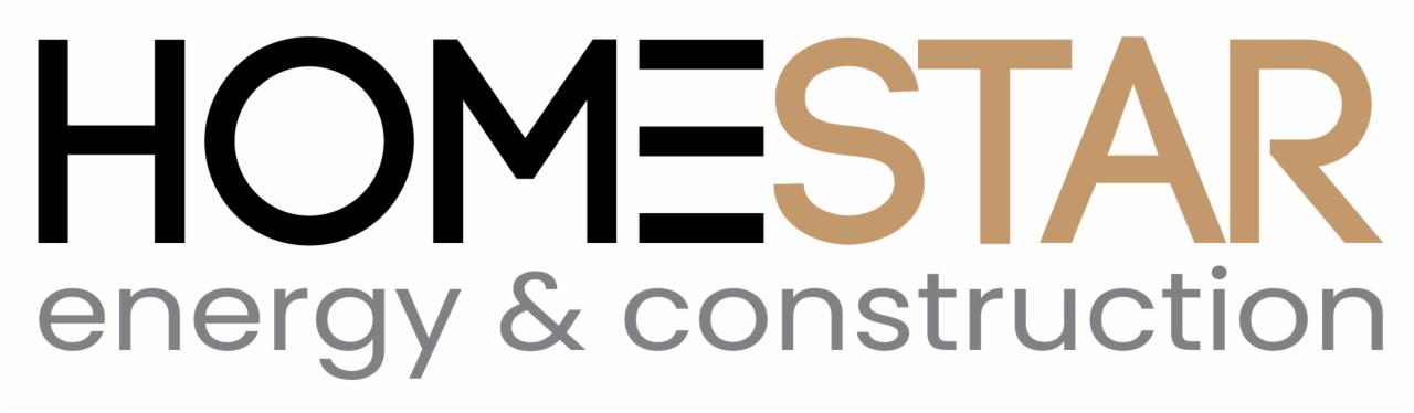 Logo firmy HOMESTAR energy & construction z czarnymi i beżowymi literami na białym tle.