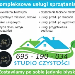 Reklama firmy sprzątającej 'Studio Czystości' z ofertą kompleksowych usług, numerem telefonu i logotypem z nagrodami z 2019 roku.