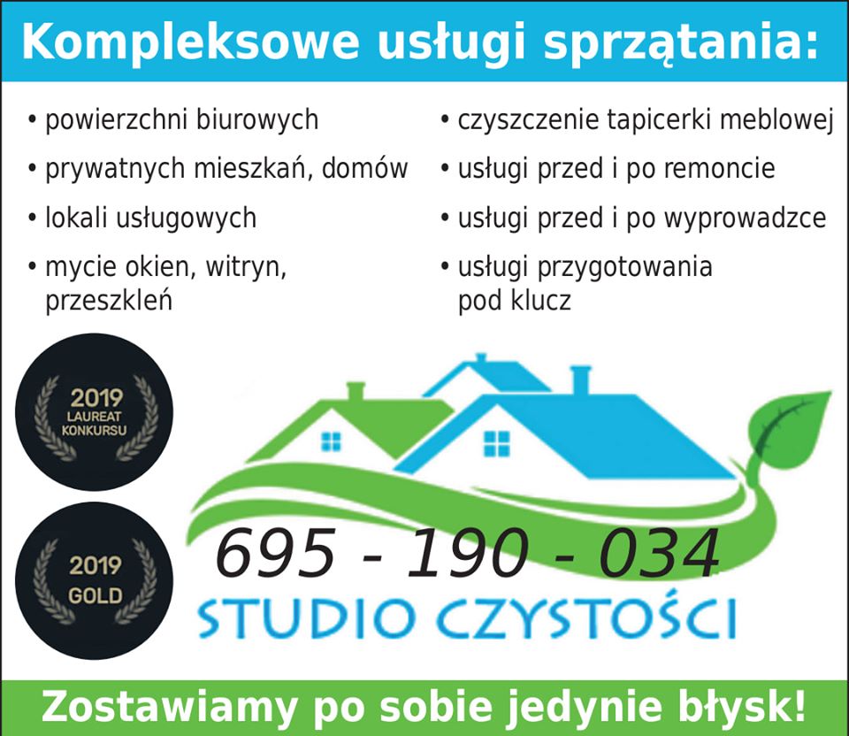 Reklama firmy sprzątającej 'Studio Czystości' z ofertą kompleksowych usług, numerem telefonu i logotypem z nagrodami z 2019 roku.