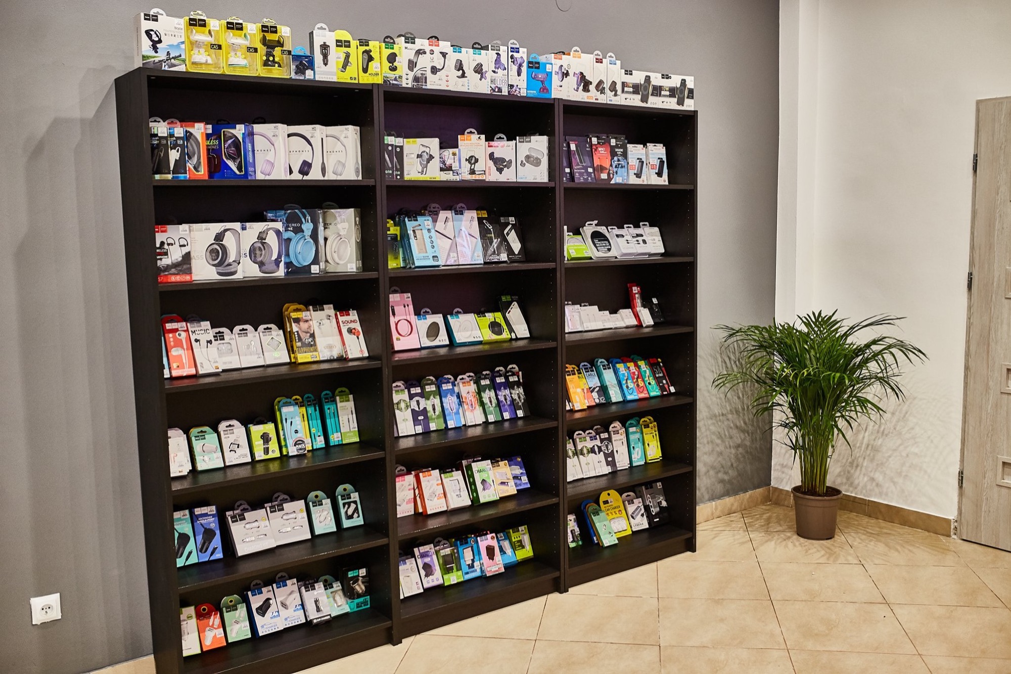 Półki sklepowe wypełnione różnorodnymi akcesoriami do telefonów, takimi jak słuchawki, ładowarki samochodowe i kable, w opakowaniach detalicznych, z zieloną rośliną doniczkową obok