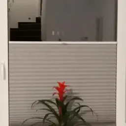 Szara, plisowana osłona okienna zamontowana w białym oknie, z widocznymi schodami w tle i rośliną w zielonej doniczce na parapecie.