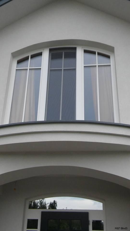 Arched window with white frame and semi-transparent fabric covering, viewed from below.