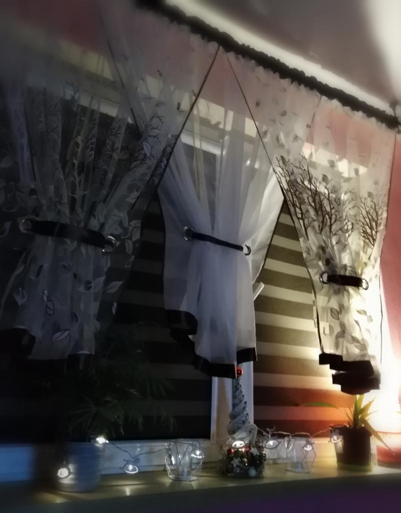 Okno z roletami dzień noc i dekoracjami świątecznymi, widoczne rośliny doniczkowe i sznur lampek.