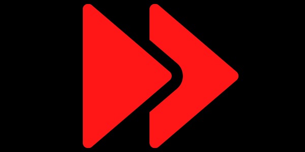 Dwa czerwone strzałki skierowane w prawo, umieszczone jedna nad drugą, na czarnym tle, symbolizujące przyspieszenie lub postęp.