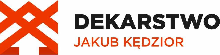 Logo firmy dekarskiej: pomarańczowy geometryczny symbol przypominający dach oraz czarny napis 'DEKARSTWO' nad pomarańczowym napisem 'JAKUB KĘDZIOR'.