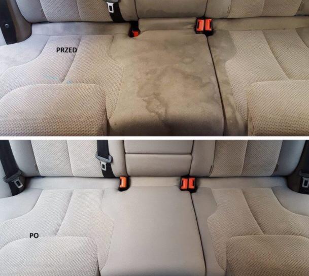 Tapicerka tylnej kanapy samochodowej: porównanie stanu przed i po czyszczeniu, widoczne plamy i zabrudzenia usunięte.