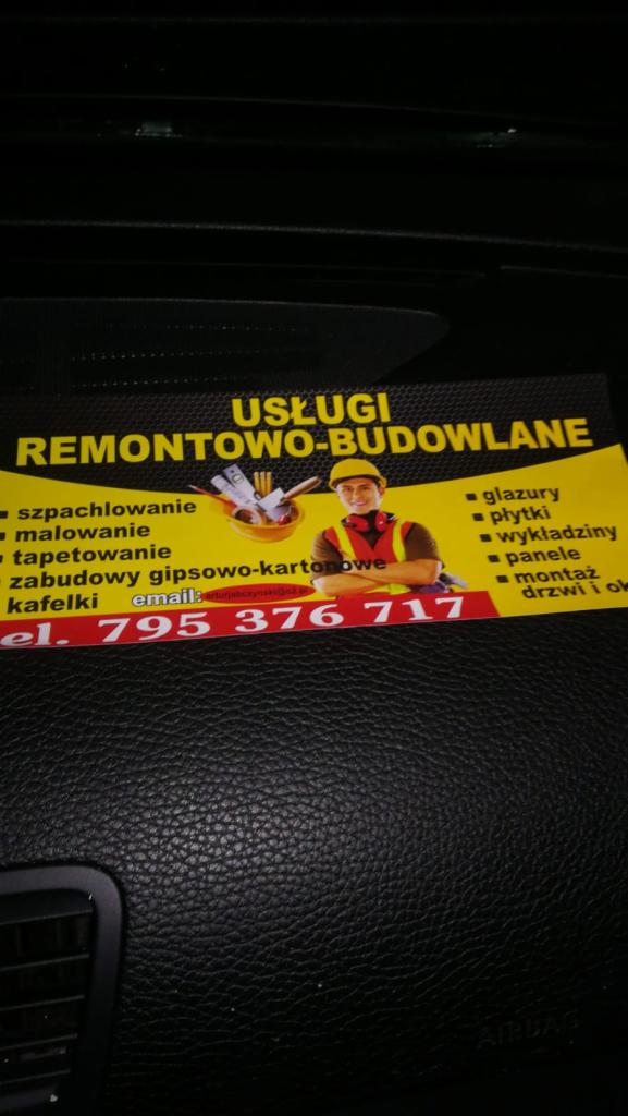 Wizytówka firmy remontowo-budowlanej z ofertą usług: szpachlowanie, malowanie, tapetowanie, zabudowy gipsowo-kartonowe, kafelki, glazury, płytki, wykładziny, panele, montaż drzwi i okien...