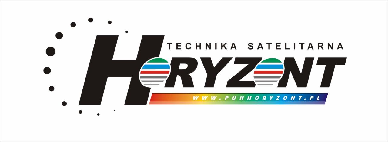 Logo firmy Horyzont Technika Satelitarna z adresem strony internetowej i stylizowanymi kropkami.