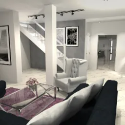 Elegancki salon z białymi schodami, szarą ścianą z czarno-białymi obrazami, szarym fotelem z guzikami, szklanym stolikiem kawowym z fioletowym dywanem i czarną sofą z białymi poduszkami.