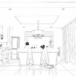 Szkic wnętrza jadalni z krzesłami z wysokim oparciem, lampą wiszącą i barkiem kuchennym w tle.