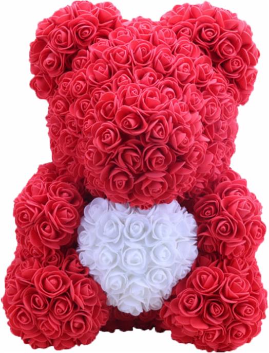 Pluszowy miś wykonany z czerwonych róż, z białym sercem z róż na brzuchu.