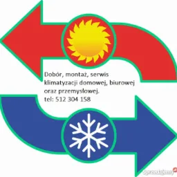 Grafika reklamowa z czerwono-niebieskimi strzałkami, słońcem i płatkiem śniegu, informująca o doborze, montażu i serwisie instalacji w budynkach mieszkalnych, biurowych i przemysłowych, zawiera...