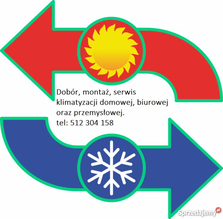 Grafika reklamowa z czerwono-niebieskimi strzałkami, słońcem i płatkiem śniegu, informująca o doborze, montażu i serwisie instalacji w budynkach mieszkalnych, biurowych i przemysłowych, zawiera...
