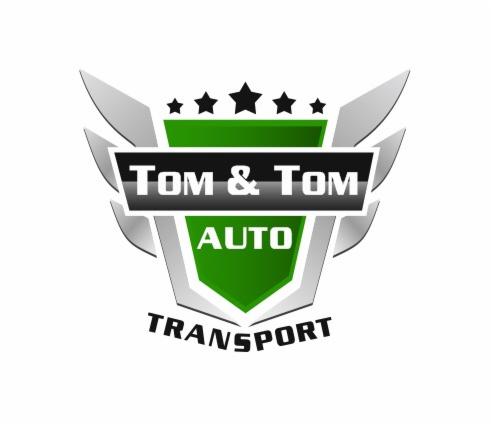 Logo firmy Tom & Tom Auto Transport w kształcie tarczy z rozpostartymi skrzydłami, z pięcioma gwiazdami nad nazwą firmy.