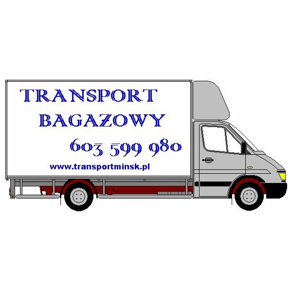 Grafika przedstawia szarą furgonetkę z nadrukowanym napisem 'TRANSPORT BAGAŻOWY', numerem telefonu 603 599 980 oraz adresem strony internetowej www.transportminsk.pl na białej skrzyni ładunkowej.