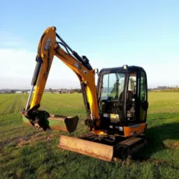 Żółta mini koparka JCB na zielonym trawniku z polem w tle, błękitne niebo, widok z boku.