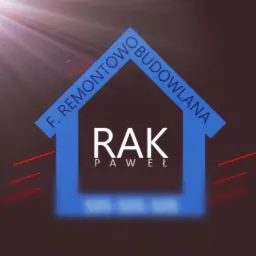 Logo firmy remontowo-budowlanej RAK Paweł w kształcie domu, niebieska grafika na ciemnym tle z efektem blasku.