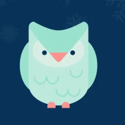 Grafika wektorowa przedstawia uproszczoną, pastelową sowę z geometrycznymi kształtami na granatowym tle w śnieżynki.