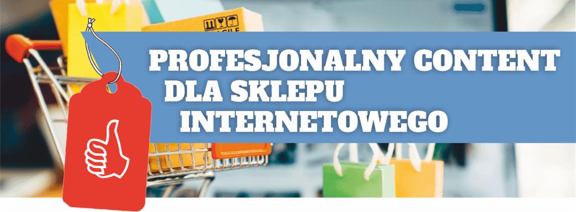 Miniaturowy wózek sklepowy wypełniony torebkami prezentowymi, z czerwoną etykietą 'kciuk w górę' na pierwszym planie, na tle ekranu komputera z napisem 'Profesjonalny content dla sklepu...