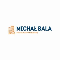 Logo firmy 'Michał Bała Rzeczoznawca Majątkowy' z graficznym symbolem budynku i domu w kolorze pomarańczowym obok napisu.