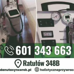 Aparatura do hydrokolonoterapii: Clean Colon Italy, AutoAqua Titanium S2. Urządzenia w gabinecie, widoczny numer telefonu i adres e-mail.