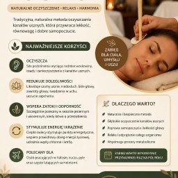 Willa Balance & SPA DANUTA SYNCEREK - Konchowanie uszu: kobieta relaksuje się podczas zabiegu naturalnego oczyszczania uszu świecą, w tle logo Willa Balance Spa z Zakopanego. Naturalne oczyszczenie, relaks, harmonia.