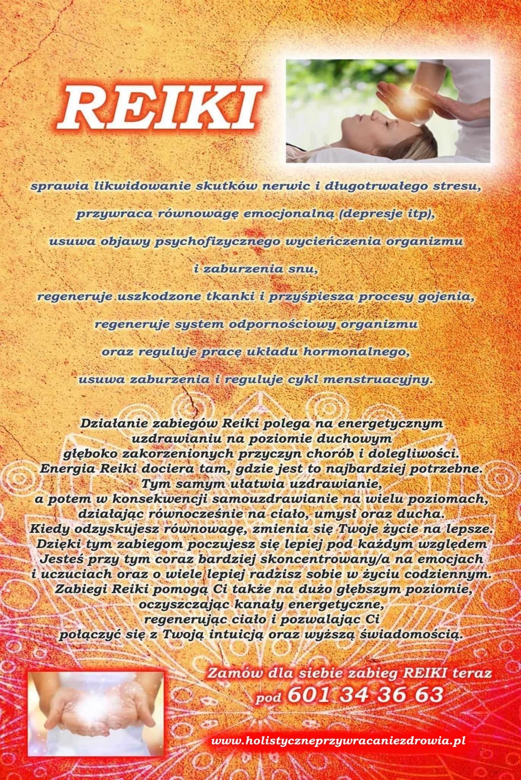 Plakat reklamowy zabiegu Reiki z tekstem o korzyściach, numerem telefonu i adresem strony internetowej.