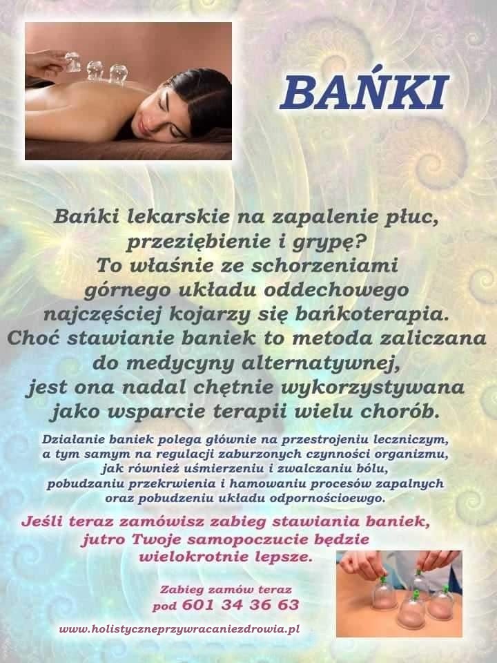 Kobieta leżąca na brzuchu z bańkami próżniowymi na plecach, ulotka reklamowa zabiegu bańkoterapii z tekstem o korzyściach i numerem telefonu.