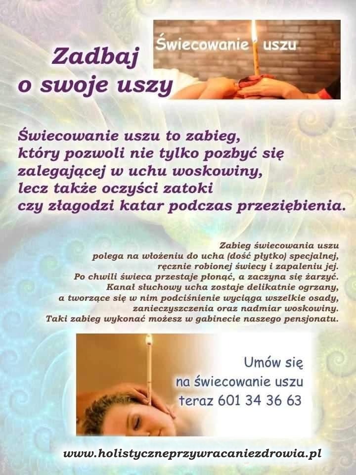 Grafika reklamowa świecowania uszu: płonąca świeca w uchu leżącej osoby, tekst informacyjny o zabiegu i numer telefonu.
